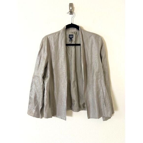 Eileen Fisher Blazer Jacket Women's M Gold Taupe Metallic  Lagenlook Silk Linen‎ - Picture 1 of 9